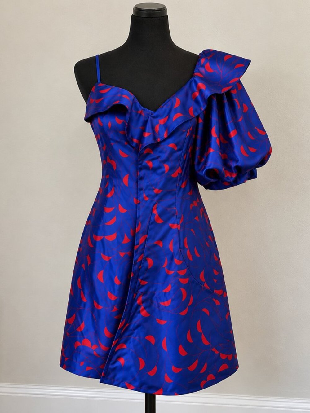 Self-Portrait One Shoulder Ruffle Satin Mini Dress Blue Red Size 2